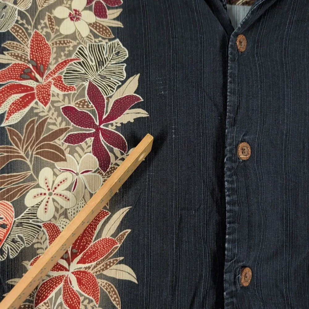 Tommy Bahama Shirt Mens L Black Hualalai Floral Hibiscus‎ Silk Blend Aloha Camp